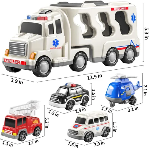 Vista 2 de TEMI Paquete de 5 Vehículos de Ambulancia Camiones de Juguete para Niños Pequeños de 3 4 5 6 Años, Autos Impulsados por Fricción con Helicóptero