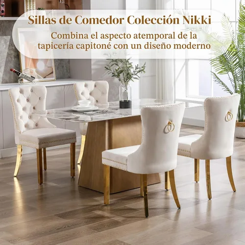 Vista 3 de Juego de 2 sillas de comedor de terciopelo beige, elegantes capitoné