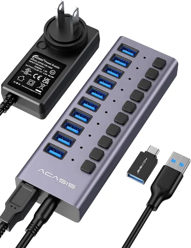 Vista 10 de Hub USB 3.2 alimentado, concentrador USB 3.2 de 7 puertos ACASIS con velocidad de datos de 10 Gbps, carcasa de aluminio, concentrador USB alimentado