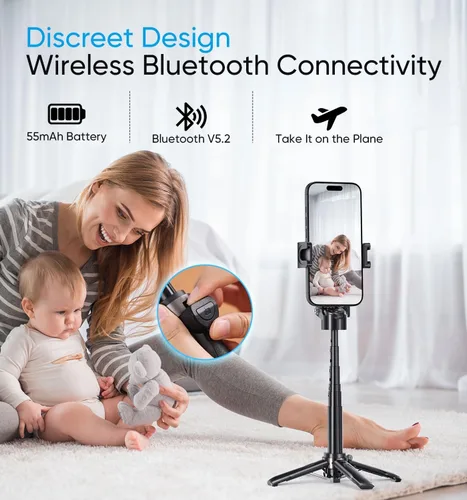 Vista 6 de MAGIC JOHN Trípode para teléfono, palo de selfie portátil, trípode de bolsillo para iPhone, palo selfie con control remoto desmontable y 2 luces