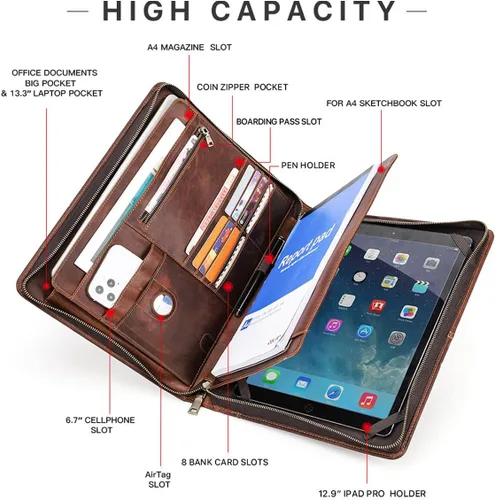 Vista 3 de Portafolio - Portafolio de cuero genuino - Organizador de cuaderno de negocios con cremallera y asa para currículum y trabajo - Padfolio