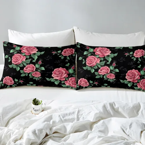 Vista 5 de Erosebridal Juego de sábanas de tamaño individual con diseño de rosas rojas, diseño floral rosa, ramas de hojas verdes, sábanas temáticas de plantas