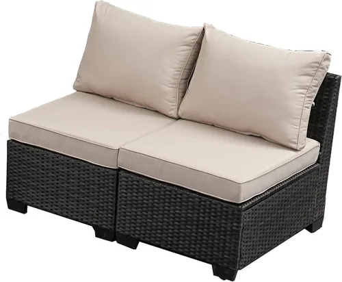 Vista 14 de JOYURE Juego de muebles de patio de 5 piezas, sofá de exterior con cojines impermeables, sofá de patio en forma de L de ratán y mesa auxiliar Gris