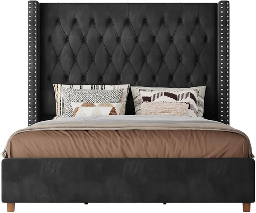Vista 8 de PaPaJet Base de cama Queen de 61.4 pulgadas de alto, cabecera tapizada