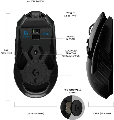 Vista 3 de Logitech Ratón para juegos G903 LIGHTSPEED con compatibilidad de carga inalámbrica POWERPLAY renovado