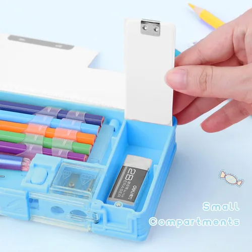 Vista 7 de 【Paquete de 2】 Estuche multifunción desplegable para niñas y niños, lindo organizador de dibujos animados con sacapuntas, horario, suministros