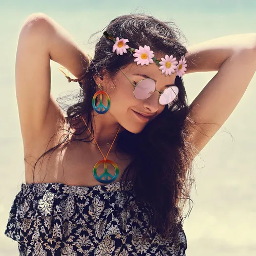 Vista 5 de Juego de 32 accesorios de disfraz hippie de los años 60 y 70, decoraciones de fiesta de los años 60 y 70, collares con signo de paz, aretes, diadema