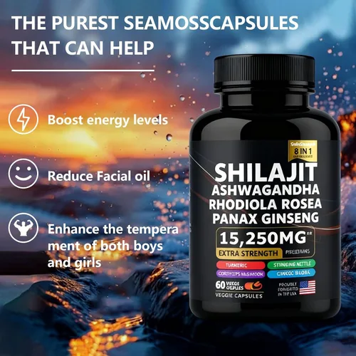 Vista 6 de Suplemento shilajit puro con ashwagandha, ginseng, rhodiola rosea, hongo cordyceps, ginkgo biloba, ortiga picante, cúrcuma, suplemento 8 en 1