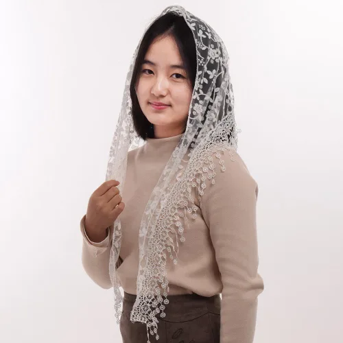 Vista 3 de BLESSUME 1pc mujeres patrón triángulo velo clásico mantilla suave encaje capilla velo
