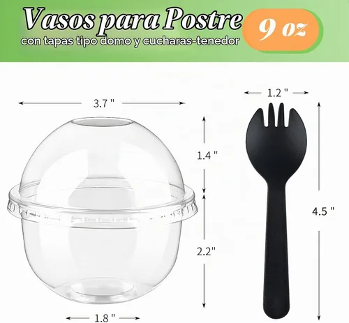 Vista 2 de Zezzxu Paquete de 50 Vasos de Postre de Plástico de 9 oz con Tapas de Cúpula (Sin Agujero) y Sporks, Vasos de Frutas Desechables Transparentes
