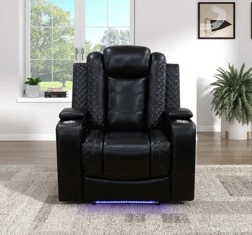 Vista 28 de Sofá reclinable con luces LED, sofá reclinable de cuero con dos asientos reclinables/puerto USB/consola de almacenamiento/soporte para vasos