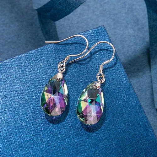 Vista 12 de Aretes colgantes de cristal austriaco con forma de lágrima para mujer, joyería hipoalergénica de plata de ley 925