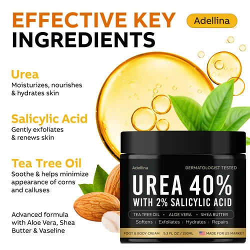 Vista 3 de Adellina Crema de urea 40 por ciento para pies de máxima fuerza, crema de pies de urea para talones secos agrietados, pies, rodillas y codos, loción