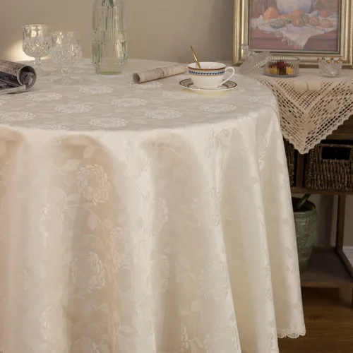 Vista 6 de GLORY SEASON Mantel redondo impermeable a prueba de derrames, de tela de damasco con ribete de encaje, para decoración de mesa de boda, cocina
