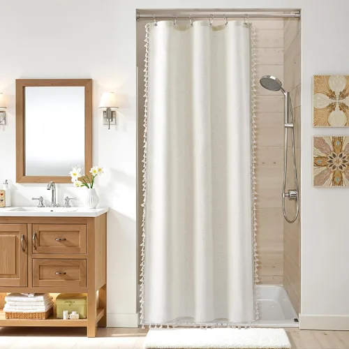 Vista 29 de Nanspring Cortina de ducha de lino extra larga para baño, 96 pulgadas Natural