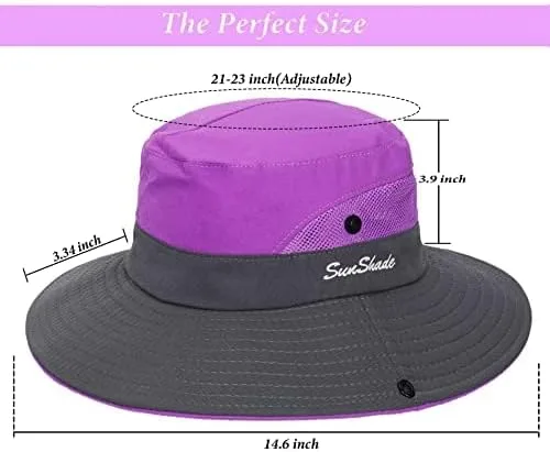 Vista 4 de Sombrero de pesca de playa de ala ancha para mujer, con protección UV, plegable, con agujero para cola de caballo