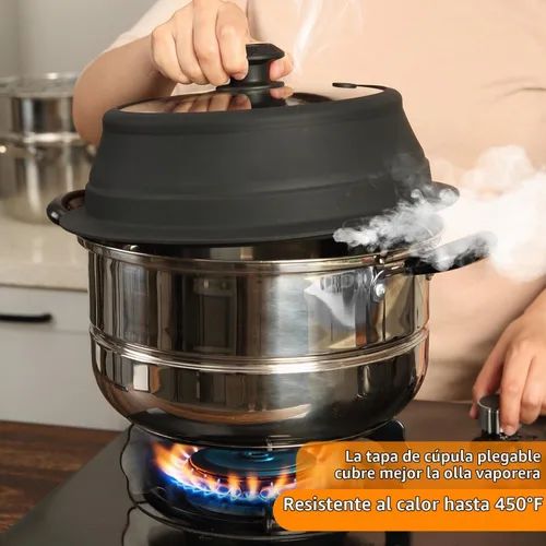 Vista 5 de Tapa plegable para salpicaduras de microondas con cubierta de vidrio templado ventilado, tapa wok apta para microondas, olla de vapor y olla redonda