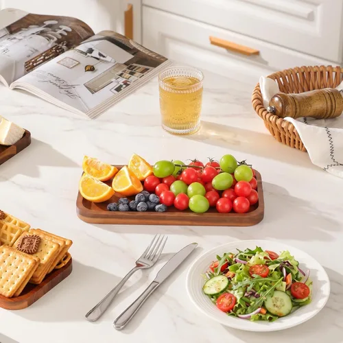 Vista 6 de Pequeñas bandejas y platos de madera maciza de acacia – Mini tablas de madera para charcutería, tabla rectangular para quesos para alimentos, baño