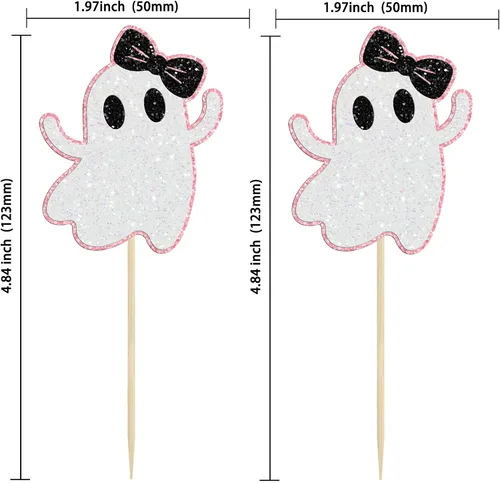 Vista 2 de Gyufise 24 adornos de fantasmas para cupcakes con purpurina rosa para Halloween, fantasma, baby shower, decoración de cupcakes, comida fantasma