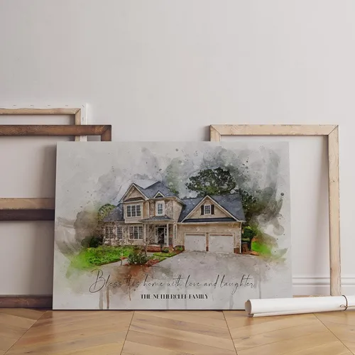 Vista 4 de Awesometik Retrato de casa personalizado sobre lienzo, pintura de casa de acuarela, regalo personalizado de inauguración de la casa, regalo
