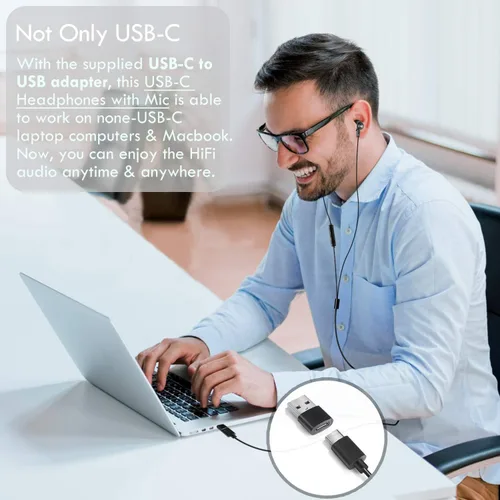 Vista 3 de Auriculares USB con adaptador USB a C, 2 en 1 USB-C + USB-A compatibles con computadoras PC, dispositivos Mac y smartphone, tarjeta de sonido DAC