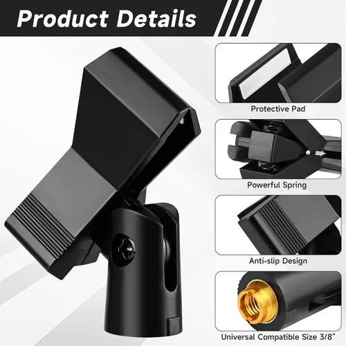 Vista 4 de Juego de clips de micrófono para soportes, 4 soportes ajustables para micrófono con adaptadores Wireless Mic & Clamp for Mic Stands, 5/8 Inch Male