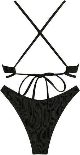 Vista 2 de ZAFUL Bikini de dos piezas para mujer con textura cruzada de metal de pierna alta