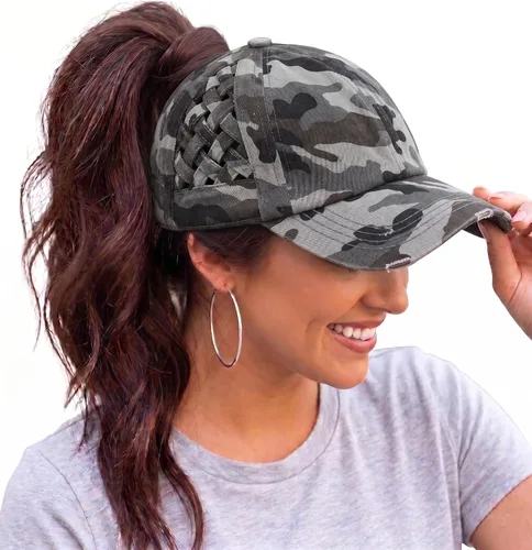 Vista 130 de Funky Junque - Sombrero de cola de caballo para mujer, gorra de béisbol con ajuste ajustable y cola de caballo alta cruzada para uso diario Paquete