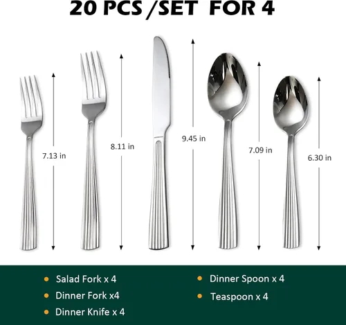 Vista 3 de DECCO - Juego de cubiertos de 20 piezas (tenedor de cena, tenedor de ensalada, cuchillo, cuchara, cucharadita) en cubiertos aptos para lavavajillas