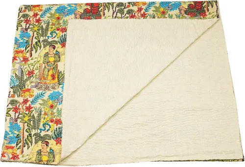 Vista 3 de Marubhumi Colcha de algodón puro Kantha con diseño tradicional indio de Farida (beige, individual (60 x 90 pulgadas)