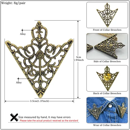 Vista 6 de WCRAZYE Pines de cuello triangular retro con patrón hueco y ángulo para hombres y mujeres, broche de palacio de plata simple dorado y plateado