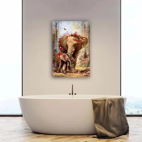 Vista 3 de iHAPPYWALL Pintura vintage de elefante para mamá y bebé, arte de pared de animales salvajes, flores, bosque, paisaje, obra de arte para el hogar
