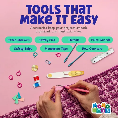 Vista 6 de MOMOTOYS Kit de 80 piezas para aprender a ganchillo para principiantes, adultos y niños, 20 hilos para ganchillo, bolsa de viaje de mezclilla, libro