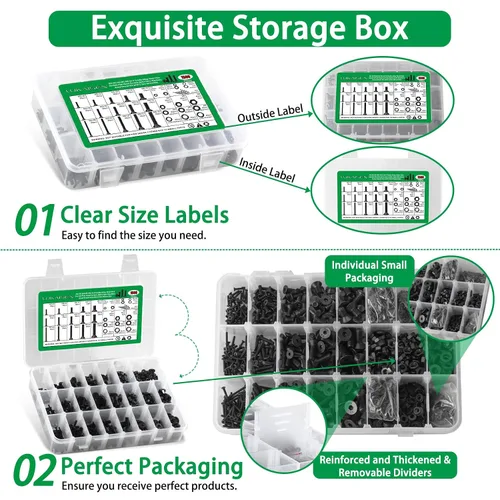 Vista 6 de Kit surtido de 1500 tornillos métricos, tornillos de máquina M2 M3 M4 M5 M6 con cerradura y arandelas planas, acero de aleación de grado 10.9, kit