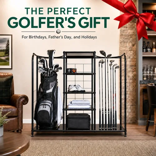 Vista 6 de Morvat Organizador de golf, soporte doble de metal negro extra grande, manera perfecta de almacenar y organizar tus bolsas de golf, clubes, pelotas