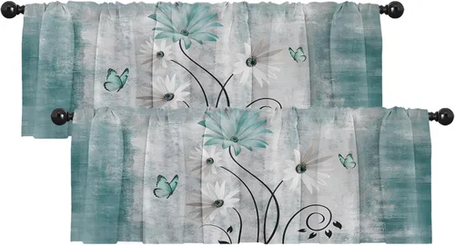 Vista 8 de Emvency Paquete de 2 cenefas para ventana, cortinas opacas de arte moderno abstracto azul, cortinas ajustables para ventanas, sala de estar, cocina