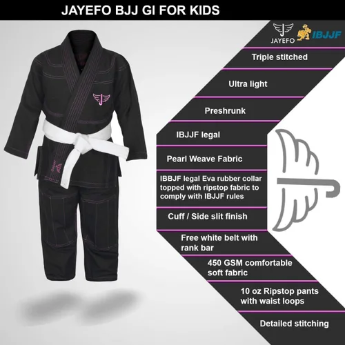 Vista 2 de Jayefo JIU Jitsu GI para niños y niñas IBJJF Legal BJJ ligero suave preencogido para niños y jóvenes sin MMA cinturón blanco