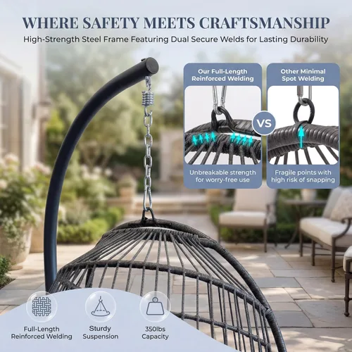 Vista 7 de NICESOUL Cómoda y cómoda silla de mimbre para exteriores con soporte, sillas plegables para patio con cojín, hamaca resistente de 350 libras