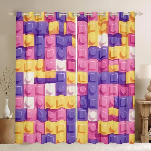 Vista 13 de Feelyou Cortinas de ventana de bloque de construcción para dormitorio, 38 pulgadas de ancho x 45 pulgadas de largo, 2 paneles de estilo ladrillo