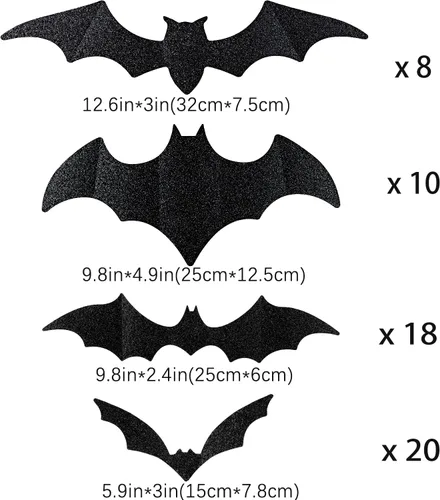 Vista 2 de DIYASY 56 piezas de murciélagos grandes para decoración de pared, murciélagos colgantes con purpurina para Halloween, calcomanías de murciélagos
