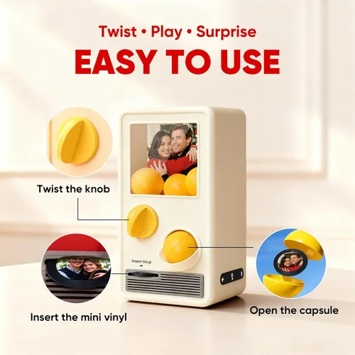 Vista 3 de Máquina de música Gachapon personalizada, mini reproductor de vinilo personalizado de canciones de Spotify y fotos, caja de música interactiva retro