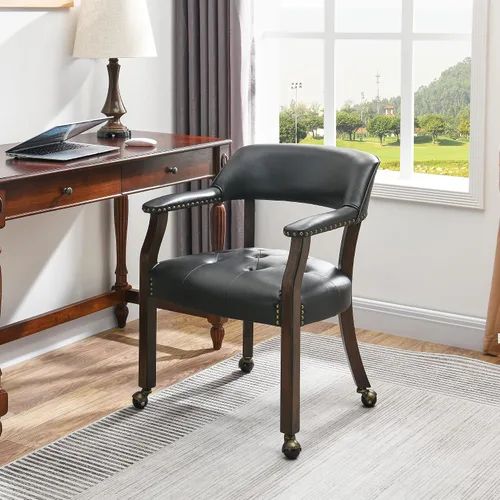 Vista 18 de Sillas de comedor con ruedas y brazo, sillas de capitán Caster Boss con patas de madera maciza, sillas de escritorio de oficina con botón tapizado