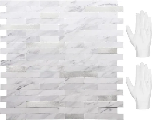Vista 28 de STICKGOO Azulejo de protección contra salpicaduras para despegar y pegar, para cocina y baño, aspecto de madera negra y gris, PVC, mezcla de metal