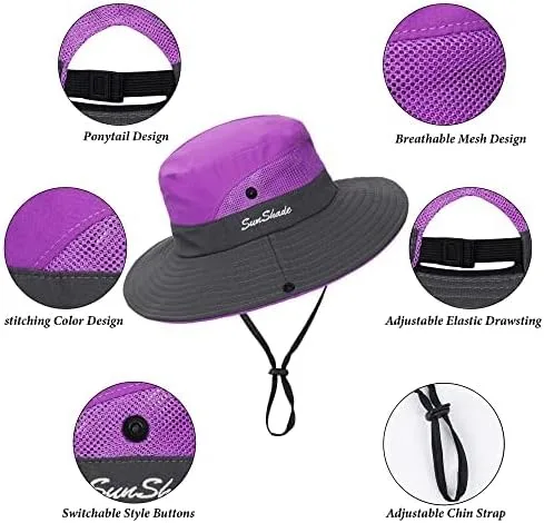Vista 2 de Sombrero de pesca de playa de ala ancha para mujer, con protección UV, plegable, con agujero para cola de caballo