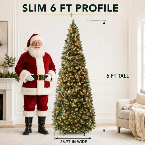 Vista 3 de Garvee 6 FT Prelit Pencil Christmas Tree, 100 Warm White LEDs, 578 Tips Snowy Pine Cones & Mixed Branches, Holiday Tree for Small Spaces