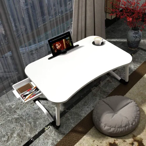 Vista 11 de Mesa portátil para laptop de oficina con cajón de almacenamiento, porta-taza y soporte para teléfono, mesa de bandeja para cama, escritorio plegable