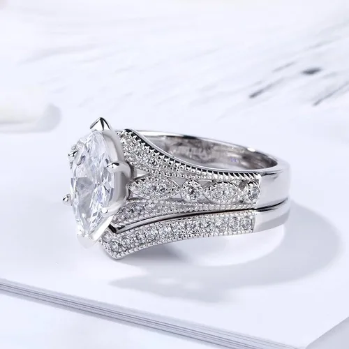 Vista 7 de Jeulia Juego de 2 anillos de plata de ley con corte marquesa milgrain para novia, boda, compromiso, aniversario
