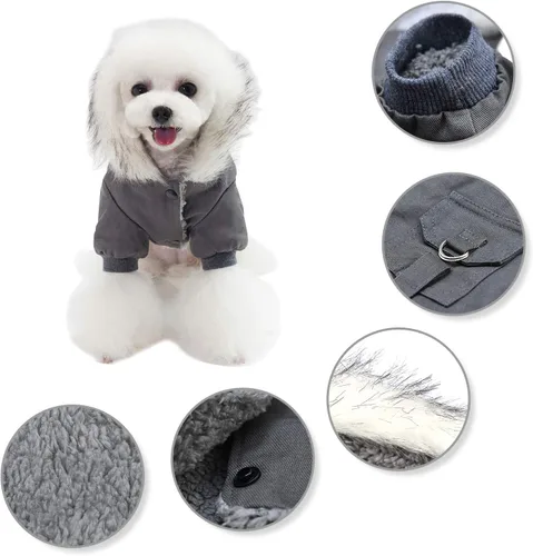Vista 5 de Gabardina cálida con capucha para perro, resistente al viento, para clima frío (S, negro gris)