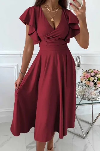Vista 4 de PRETTYGARDEN - Vestido de verano para mujer, debajo de la rodilla, manga casquillo con volantes, cuello en V, acampanado, vestido de cóctel y fiesta