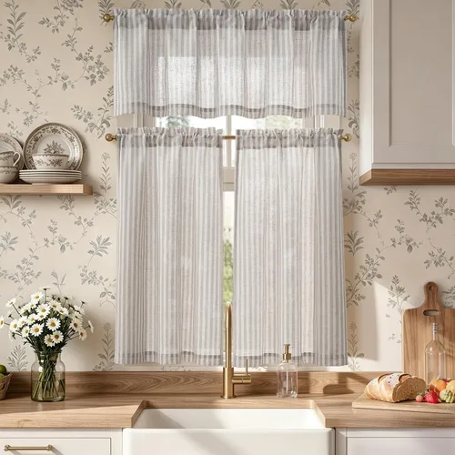 Vista 27 de Jinchan - Juego de cortinas y cenefas de cocina estilo bohemio negro sobre beige y bolsillo para barra Boho Negro sobre Beige